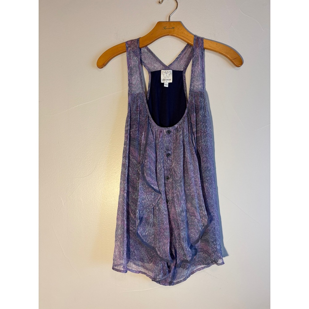 Ella Moss Womens XS Silk Racerback Tank Top Purple Abstract Print Ruffle Front
